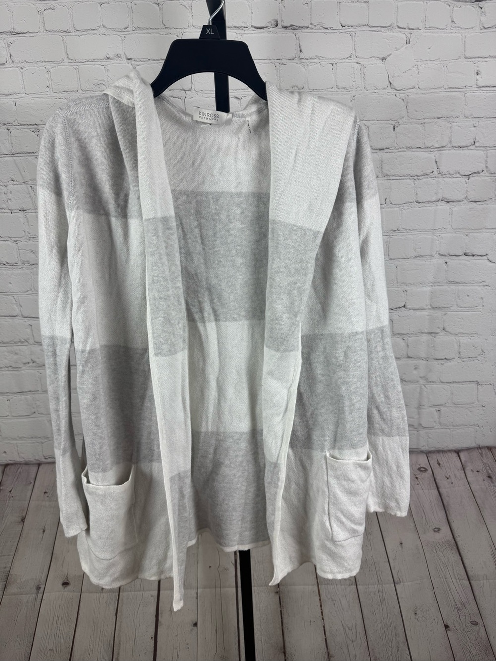 Kinross Striped Hooded Open Front Cardigan Sweater Cotton Cashmere Blend Small